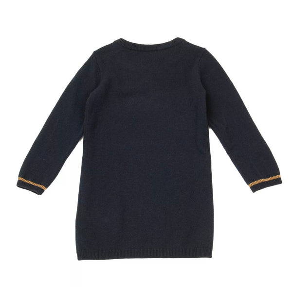 NICE THINGS Mini Girls Navy Blue and Gold 100% Wool Dress