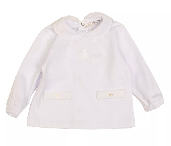 LE BEBE' Baby Set White Collared Blouse & Bottoms With Embroidered Logo