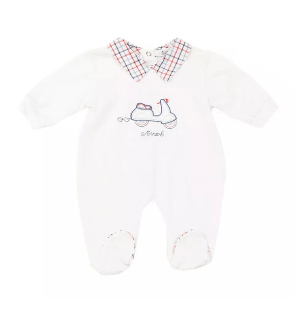 NINNAOH Baby White Collared Babygrow With Front Logo & Vespa