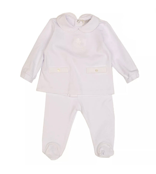 LE BEBE' Baby Set White Collared Blouse & Bottoms With Embroidered Logo